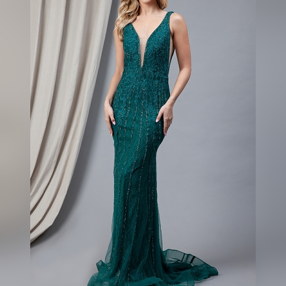 fitted silver prom dress Freesia Emerald Formal Maxi Dress - US 0